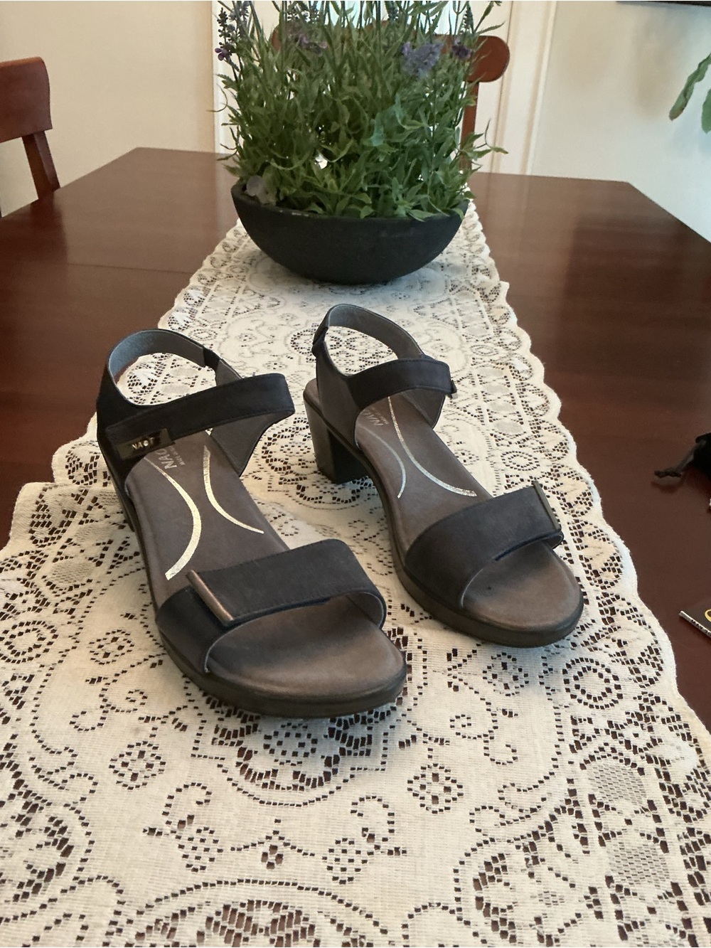 Naot Navy Nubuck Block Heel Sandals